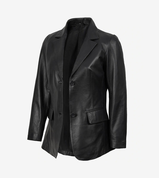 Shannon Women'S Two Button Black Leather Blazer
