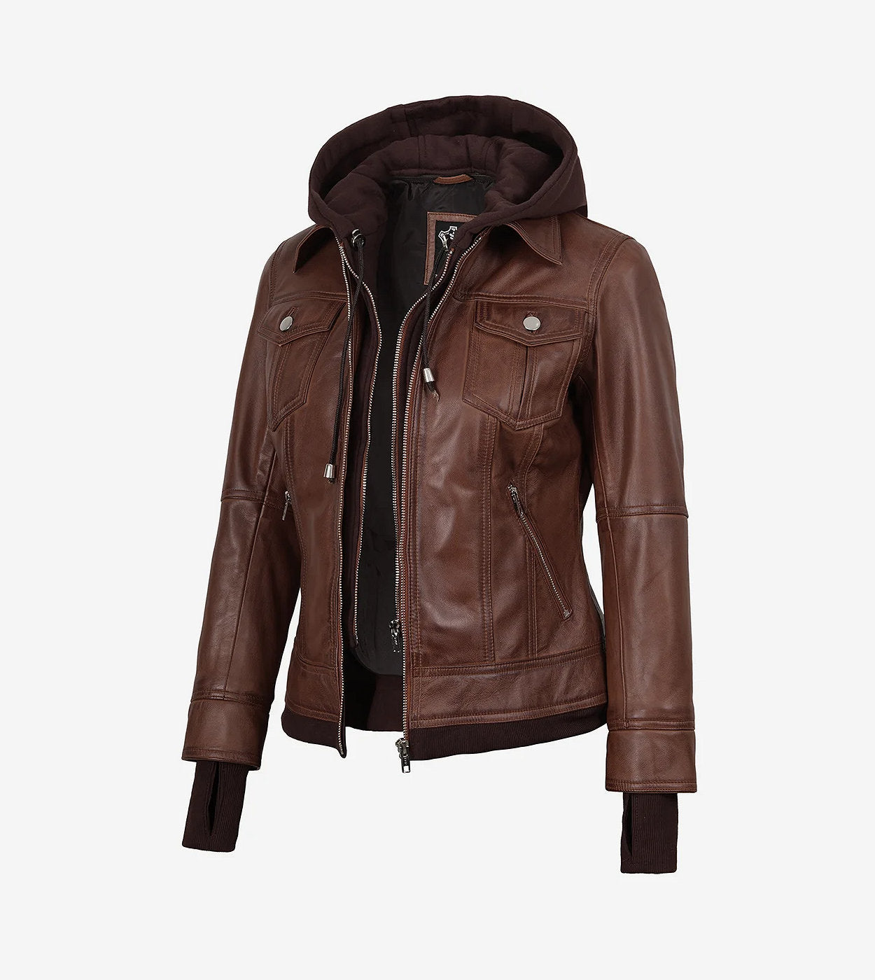 Tralee Women'S Cognac Wax Bomber Leather Jacket With Removable Hood