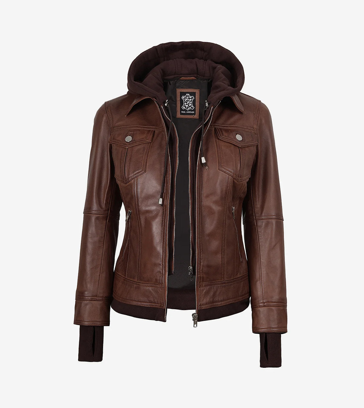 Tralee Women'S Cognac Wax Bomber Leather Jacket With Removable Hood
