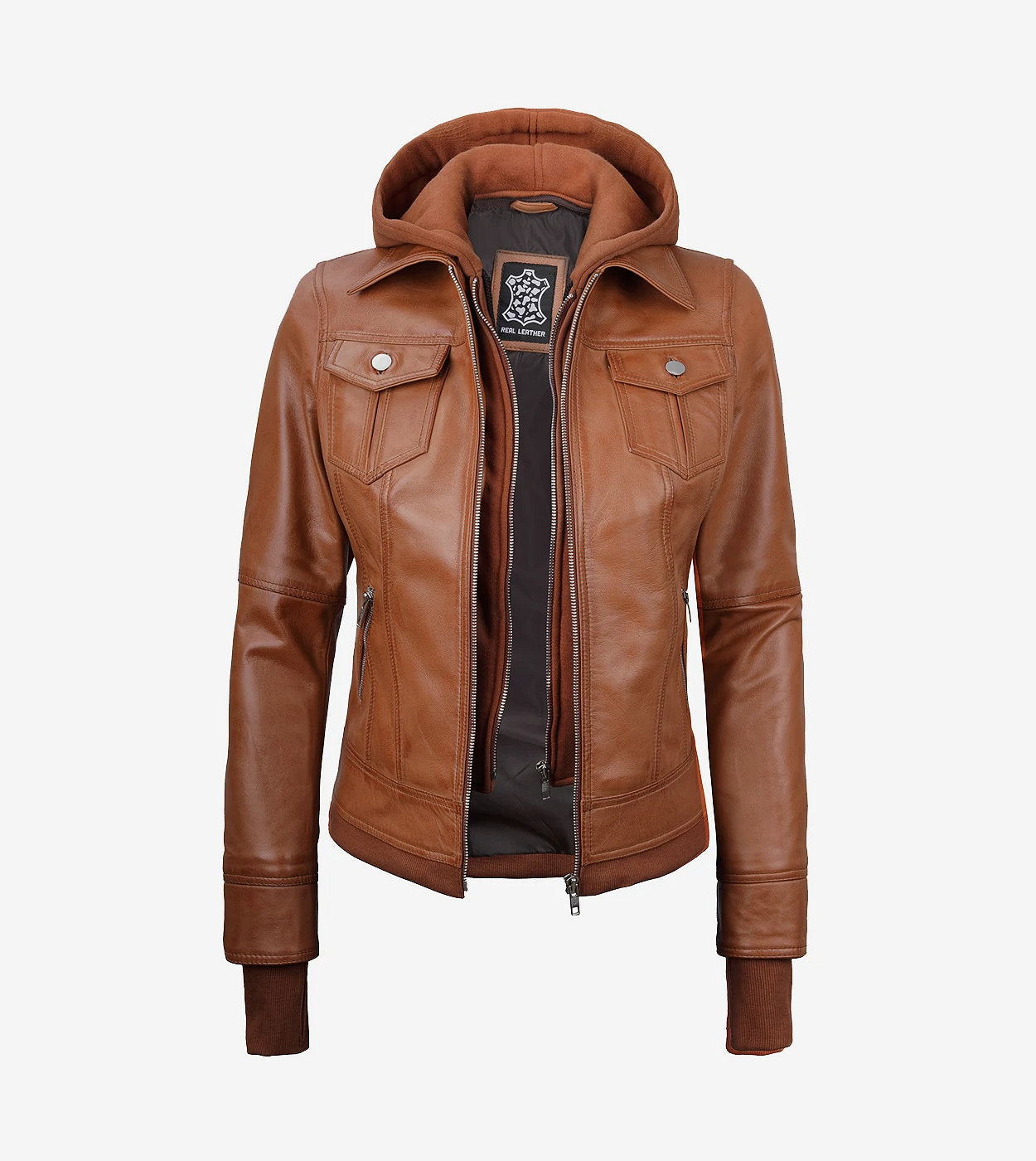 Tralee Women'S Tan Waxed Bomber Leather Jacket With Detachable Hood