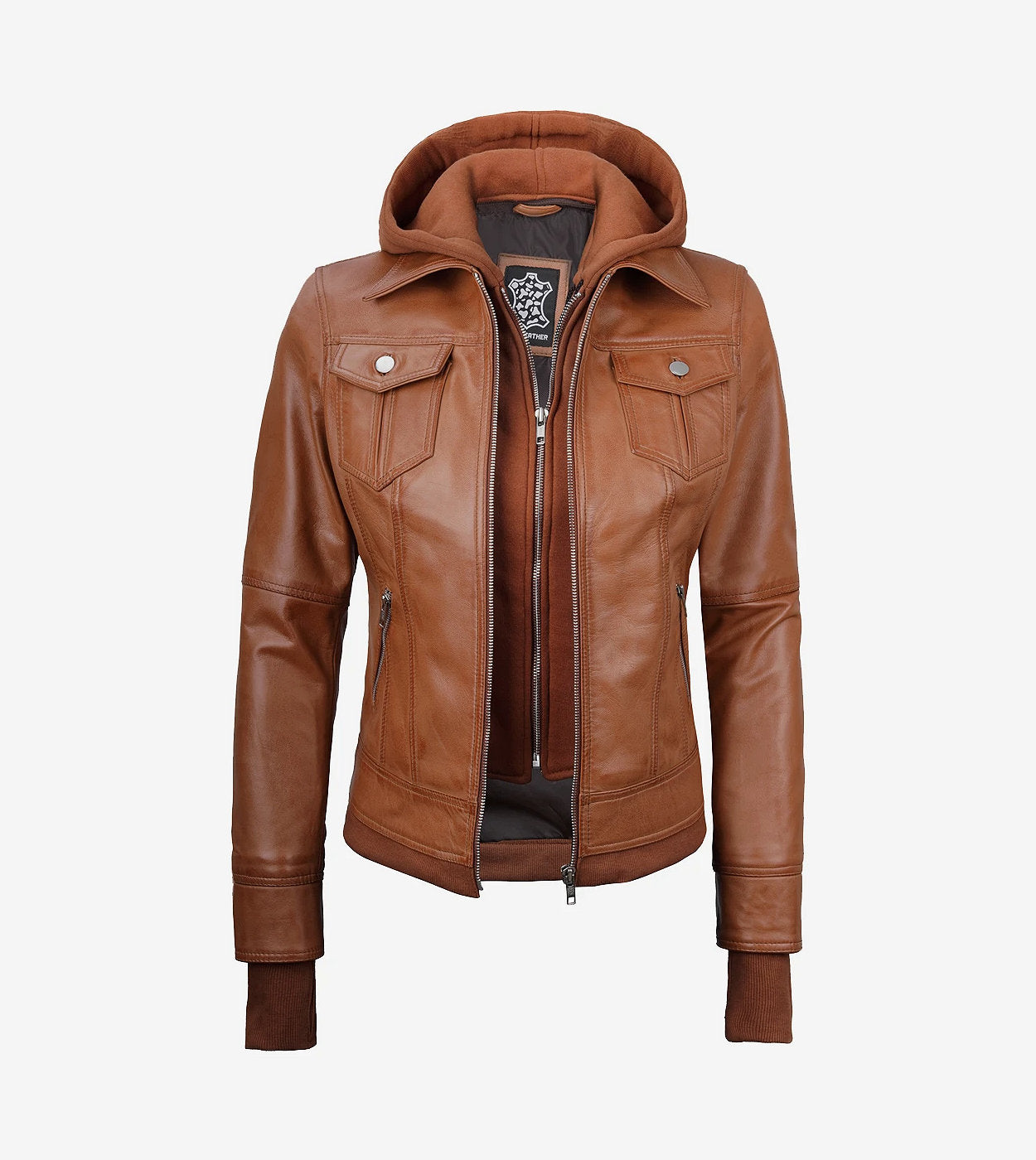 Tralee Women'S Tan Waxed Bomber Leather Jacket With Detachable Hood