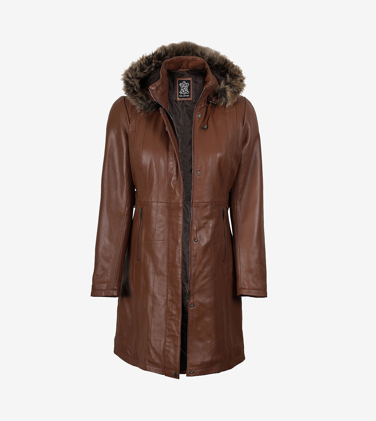 Women Brown Leather Coat With Fur Trim Removable Hood