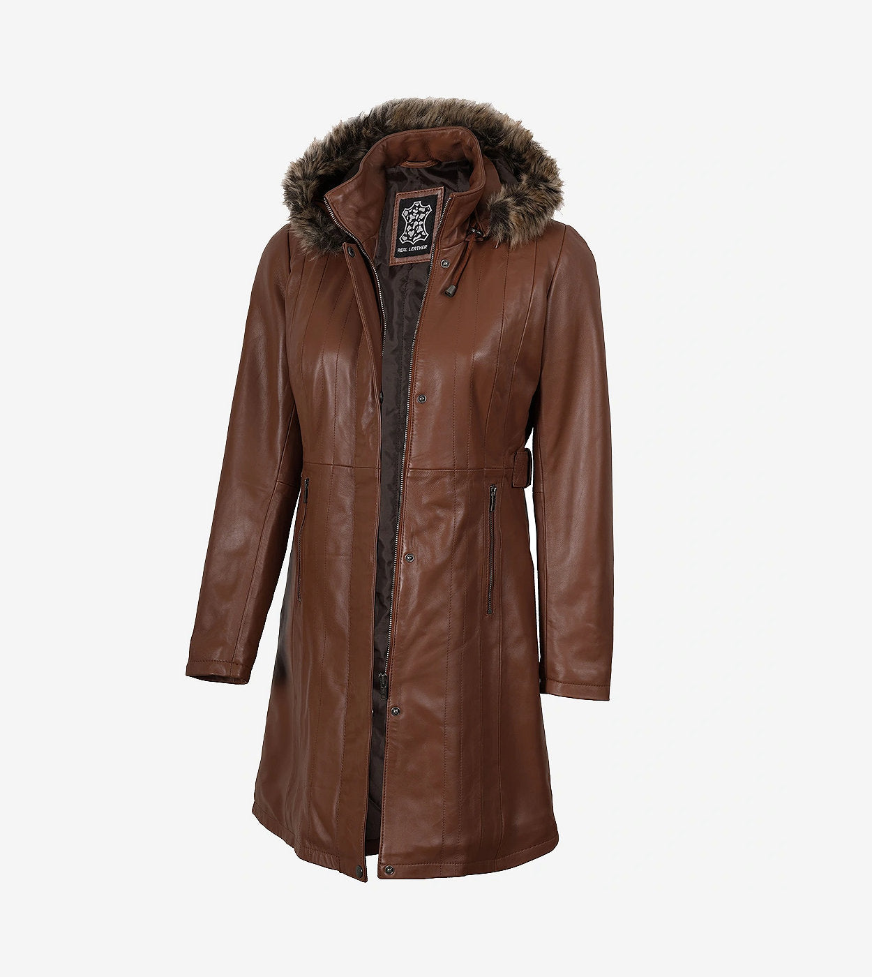 Women Brown Leather Coat With Fur Trim Removable Hood