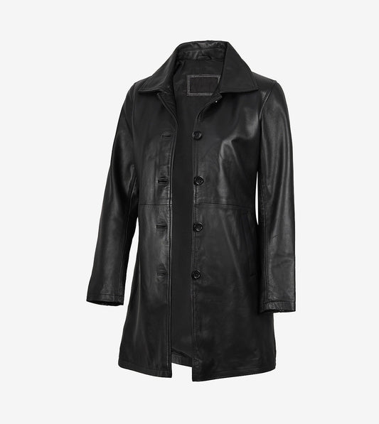 Women'S 3/4 Length Black Leather Car Coat