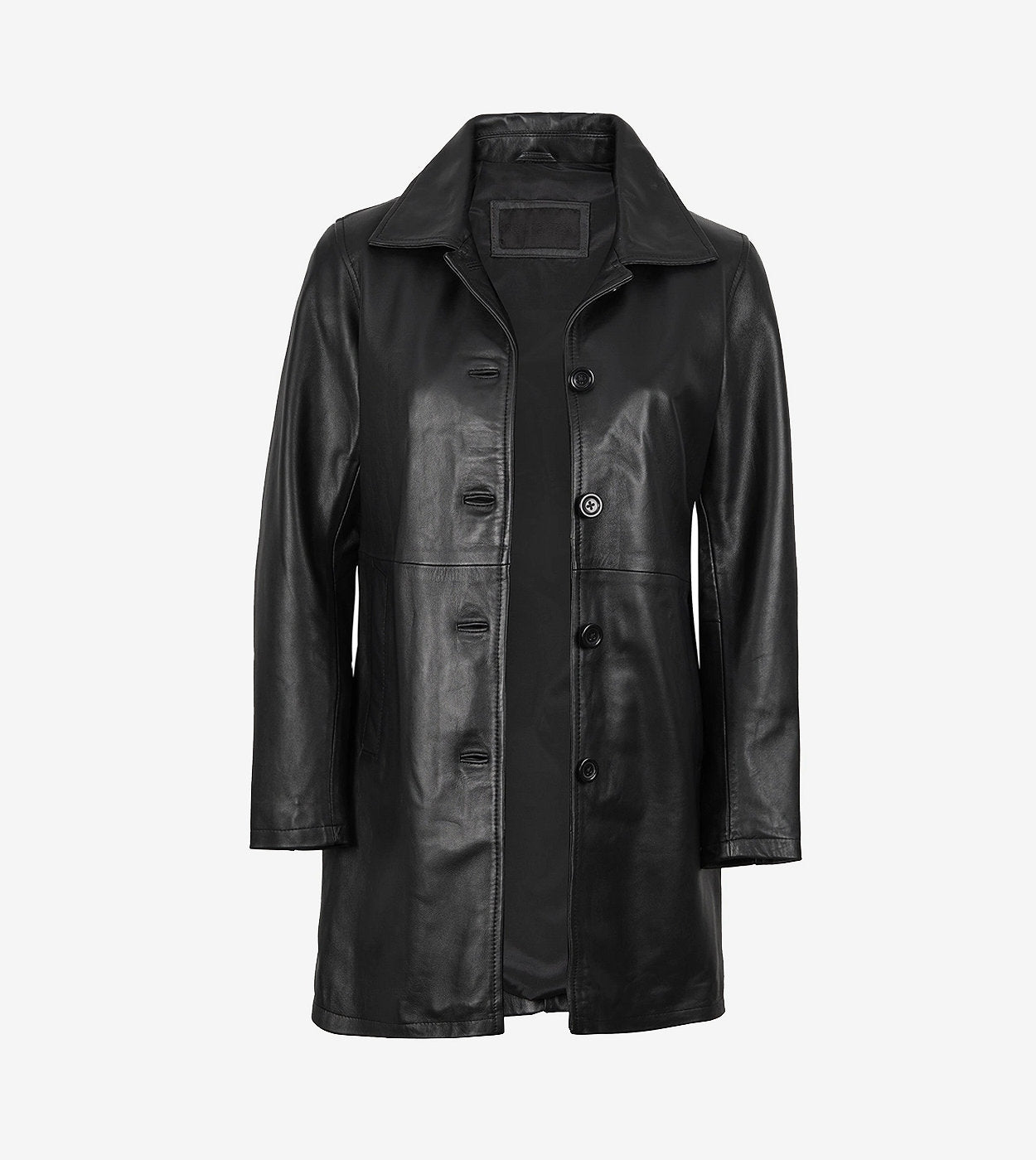 Women'S 3/4 Length Black Leather Car Coat