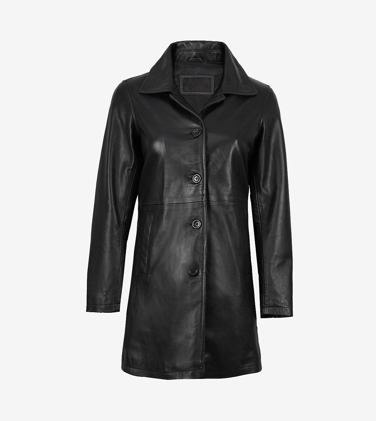 Women'S 3/4 Length Black Leather Car Coat