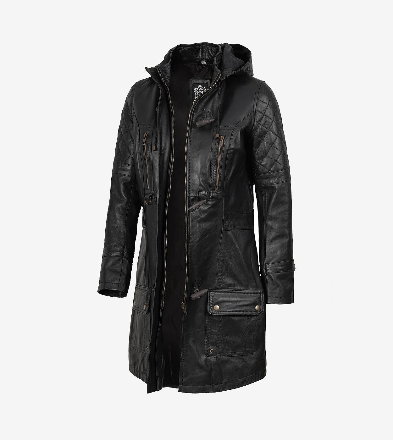 Women'S 3/4 Length Black Leather Hooded Coat