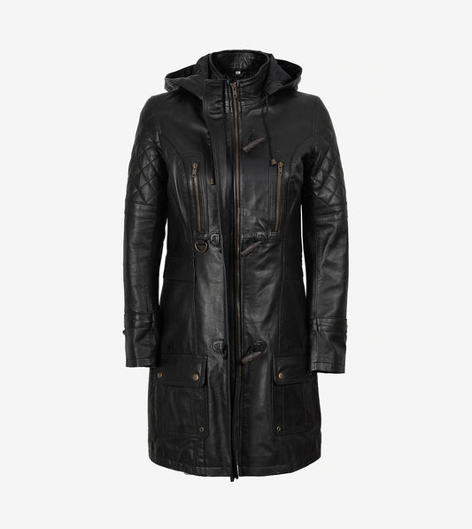 Women'S 3/4 Length Black Leather Hooded Coat