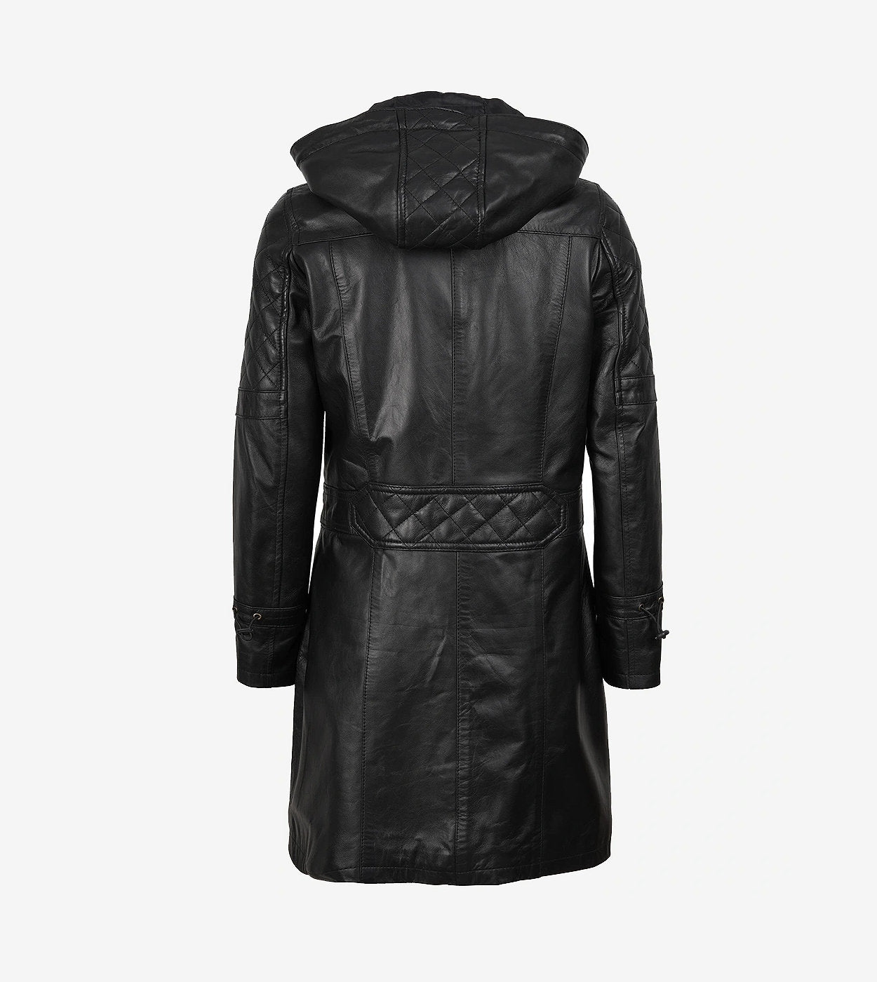 Women'S 3/4 Length Black Leather Hooded Coat