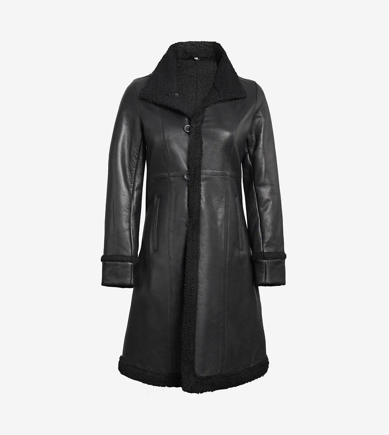 Women'S 3/4 Length Black Leather Shearling Coat