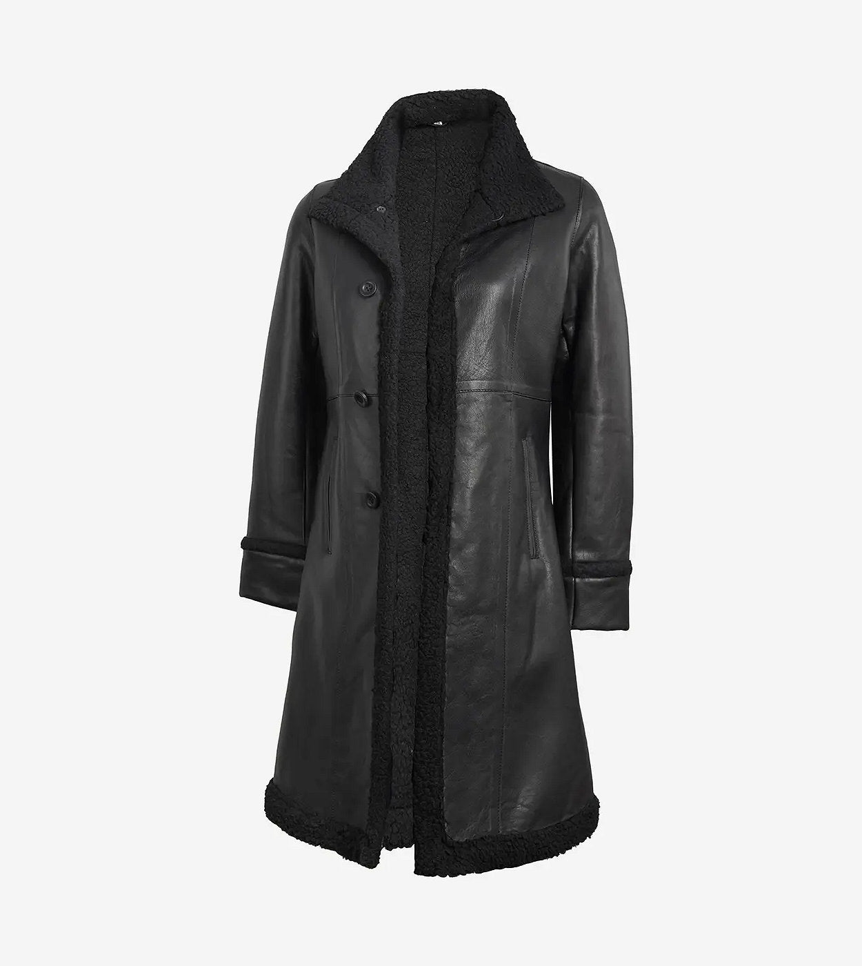 Women'S 3/4 Length Black Leather Shearling Coat