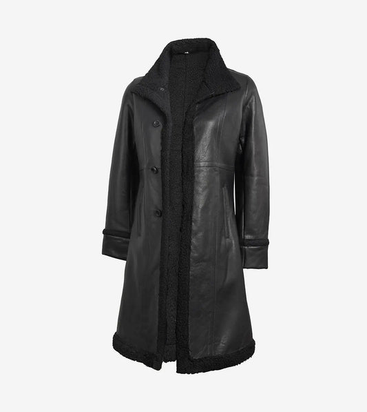 Women'S 3/4 Length Black Leather Shearling Coat