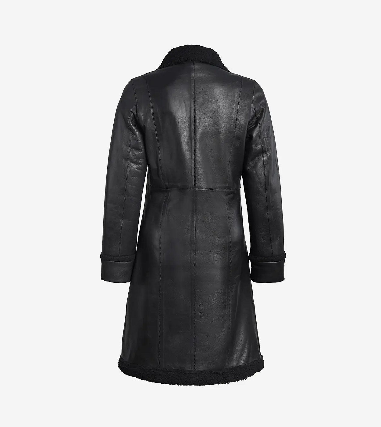Women'S 3/4 Length Black Leather Shearling Coat