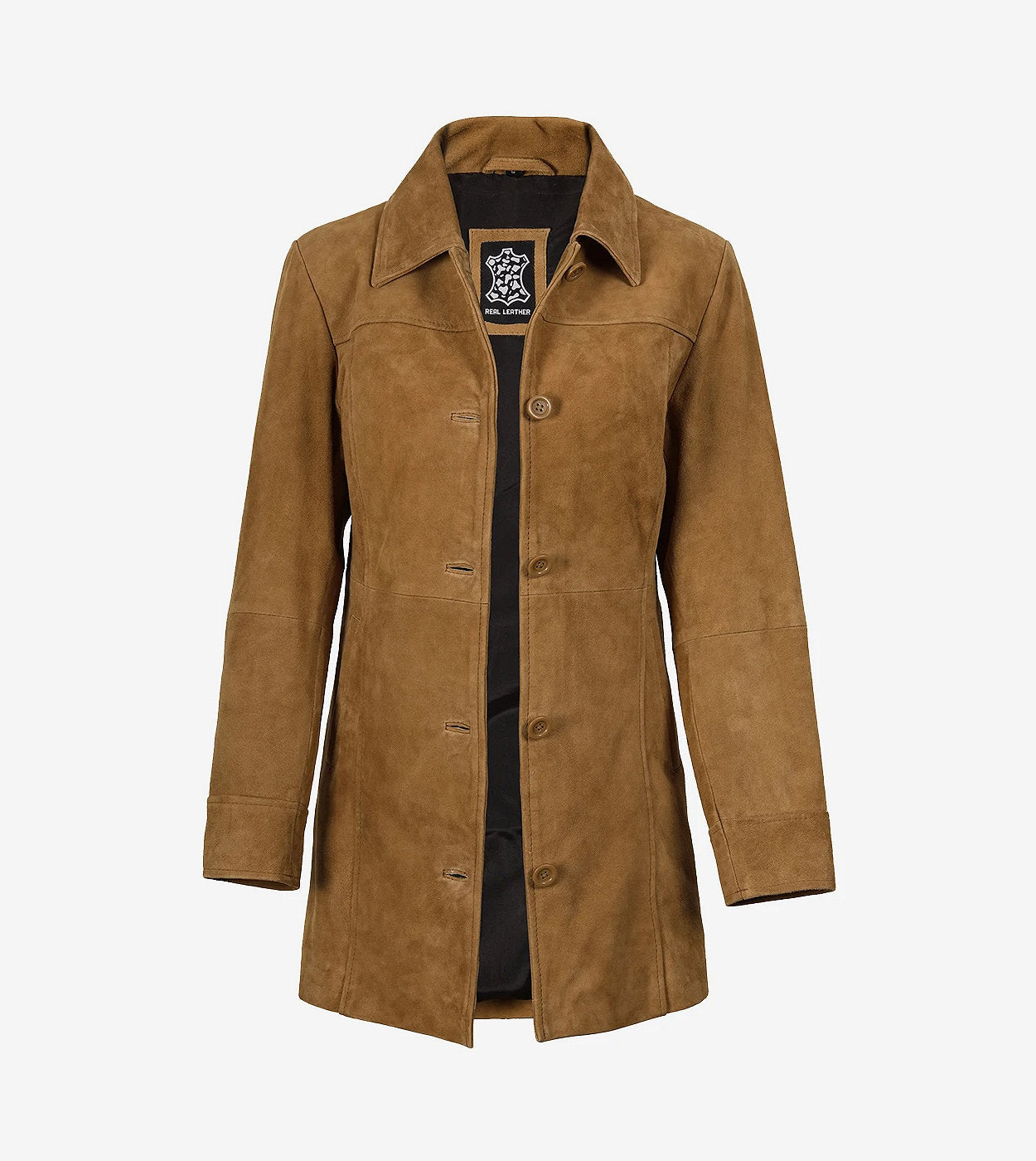 Women'S 3/4 Length Button Down Brown Suede Coat