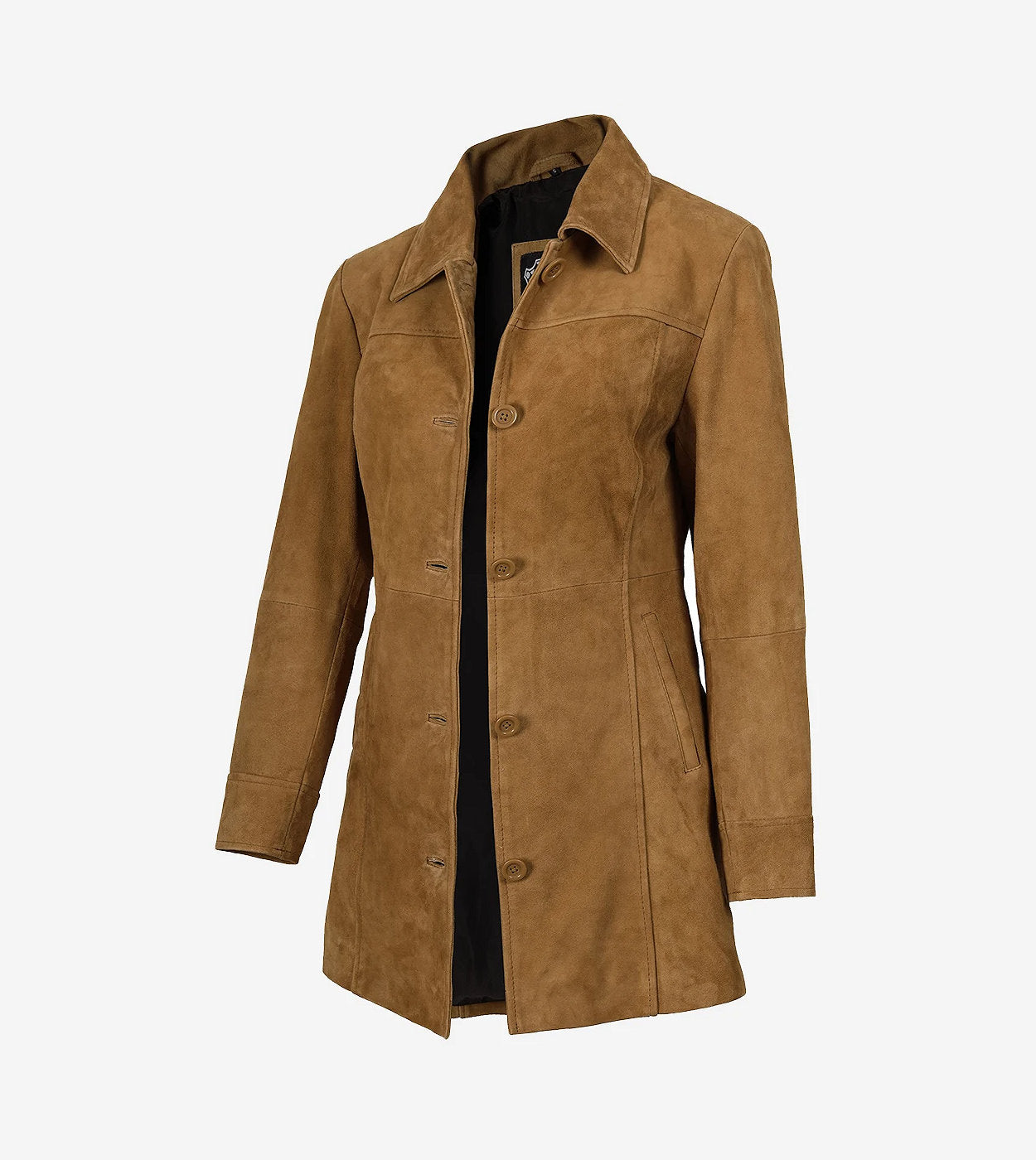 Women'S 3/4 Length Button Down Brown Suede Coat