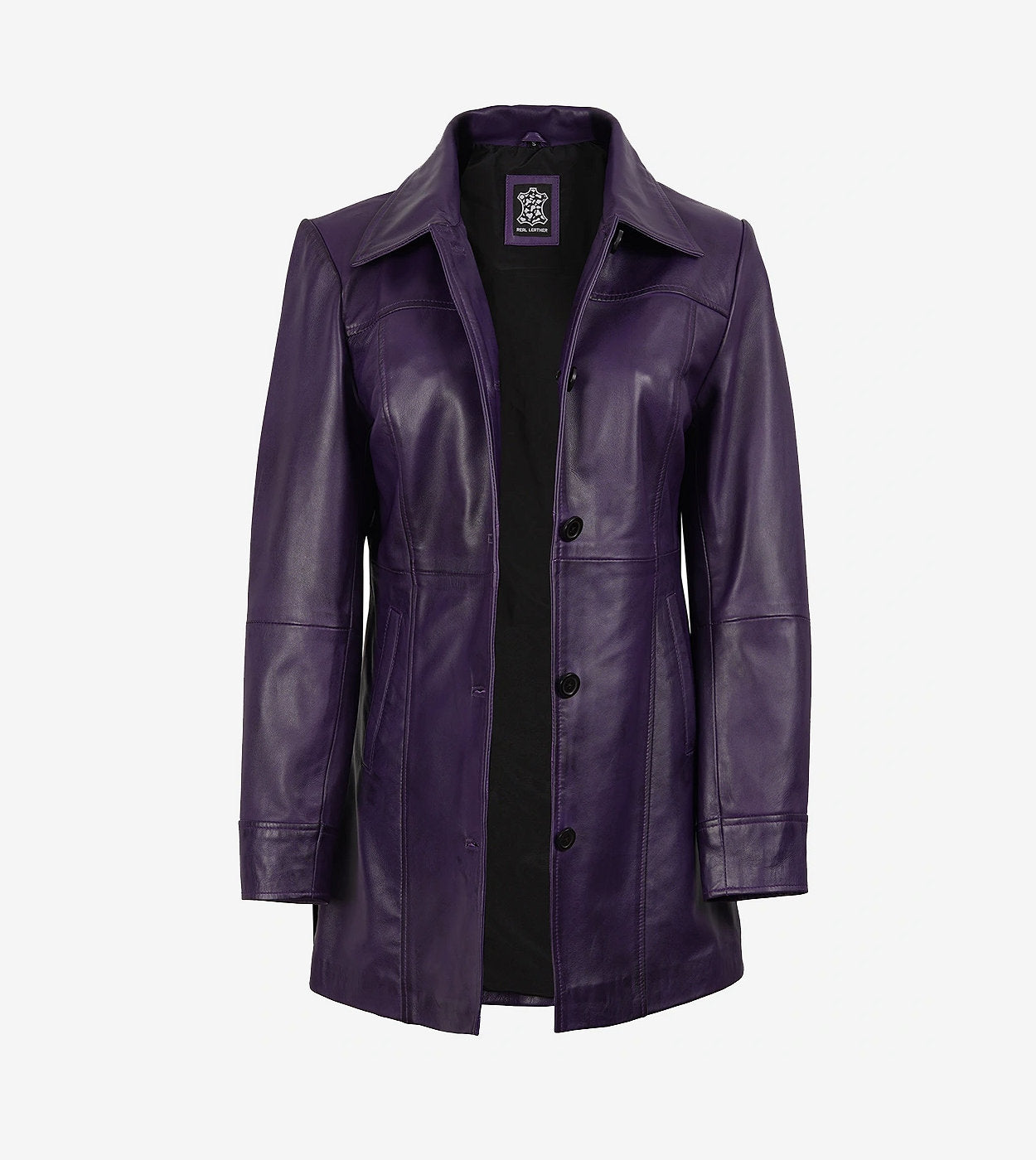 Women'S 3/4 Length Button Down Purple Leather Coat