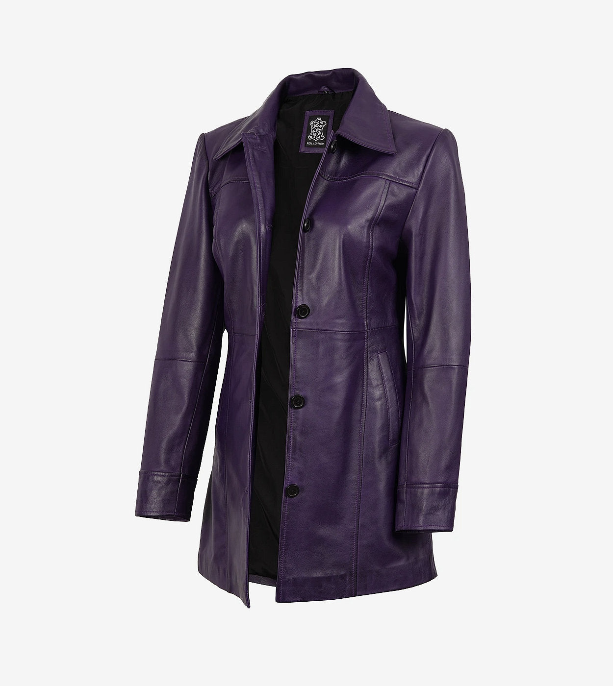 Women'S 3/4 Length Button Down Purple Leather Coat