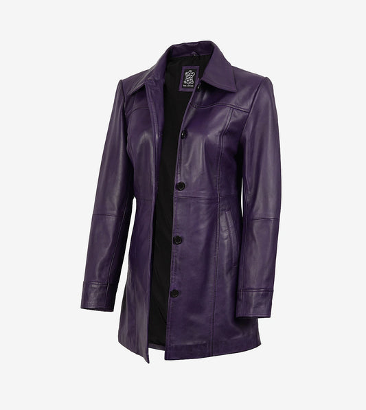 Women'S 3/4 Length Button Down Purple Leather Coat