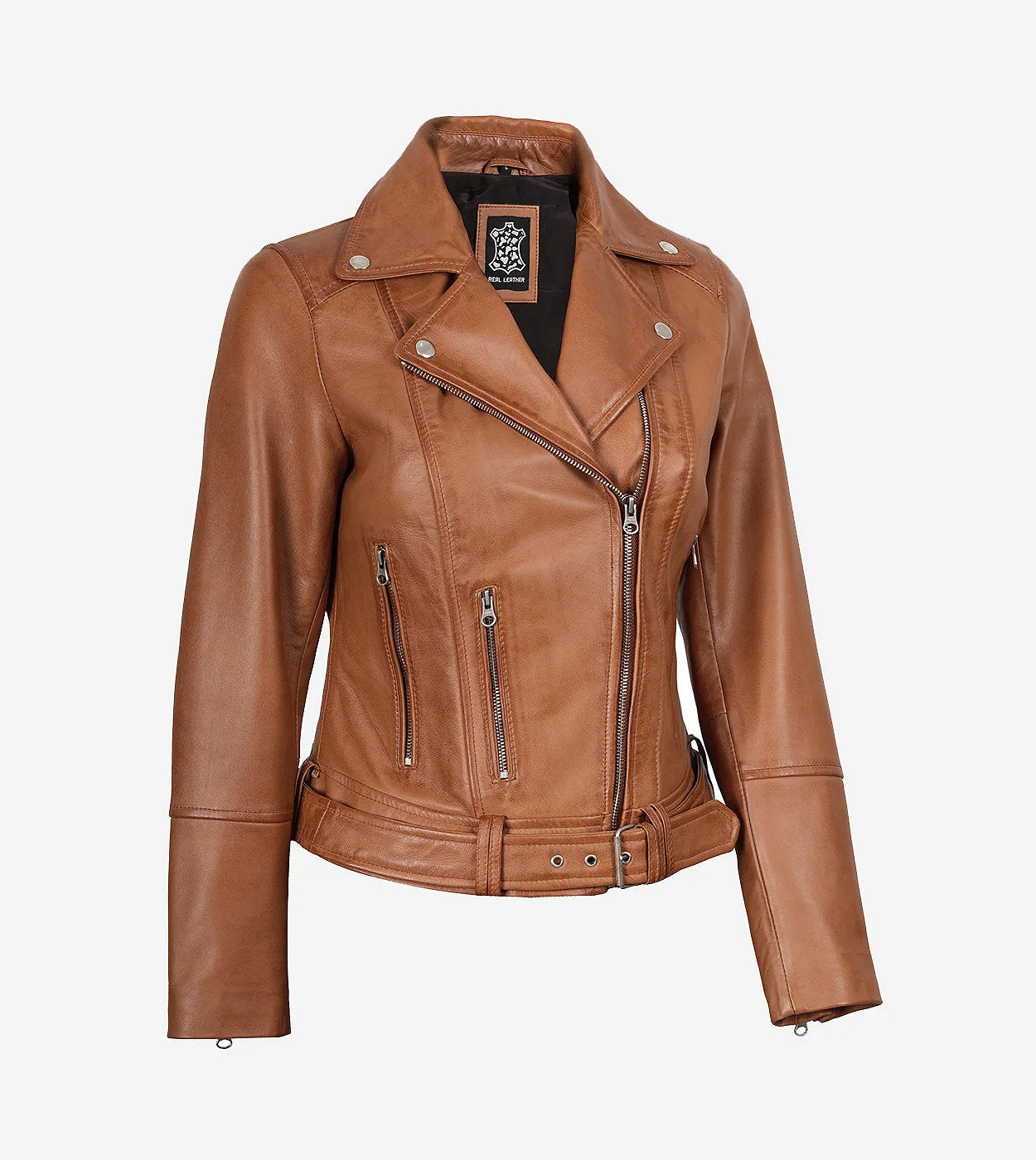 Women'S Asymmetrical Biker Style Belted Tan Leather Jacket