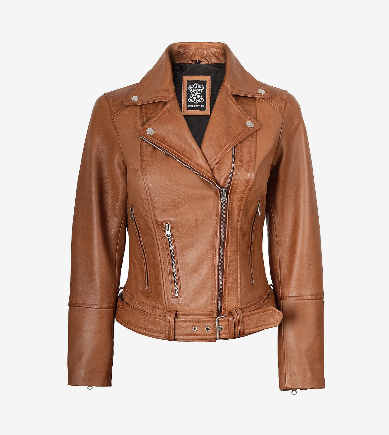Women'S Asymmetrical Biker Style Belted Tan Leather Jacket