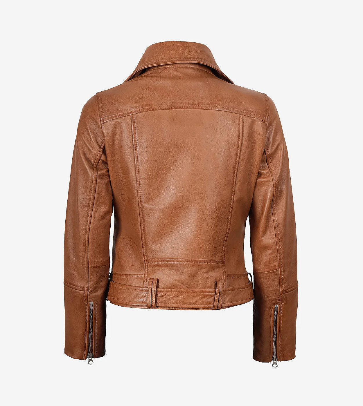 Women'S Asymmetrical Biker Style Belted Tan Leather Jacket