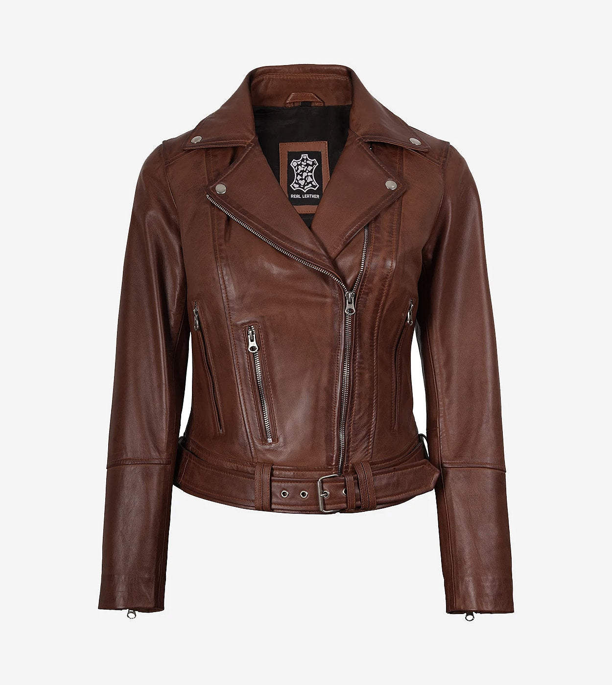 Women'S Asymmetrical Cognac Leather Jacket - Belted Waist