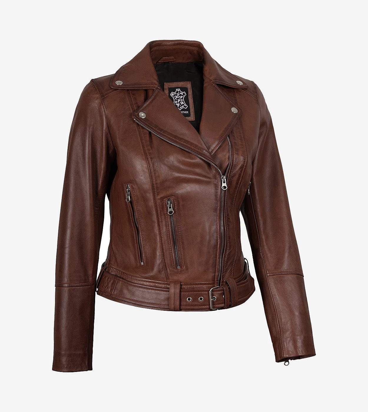 Women'S Asymmetrical Cognac Leather Jacket - Belted Waist