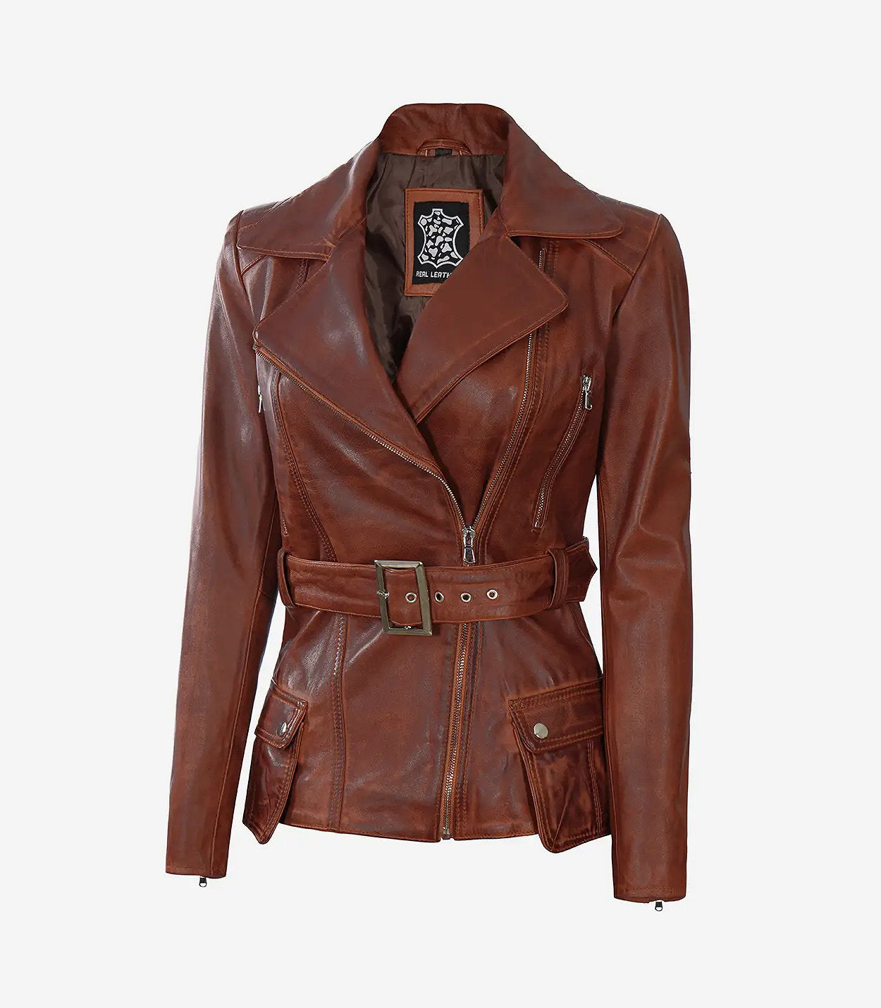 Women'S Asymmetrical Cognac Wax Four-Pocket Belted Moto Jacket