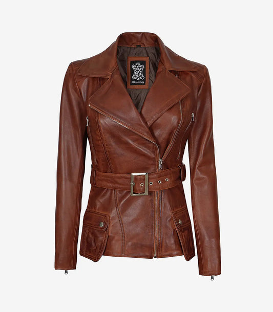 Women'S Asymmetrical Cognac Wax Four-Pocket Belted Moto Jacket