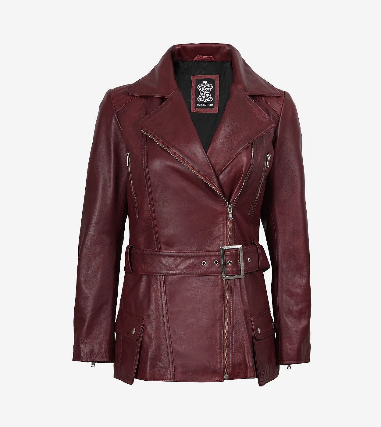 Women'S Asymmetrical Maroon Belted Biker Style Leather Jacket