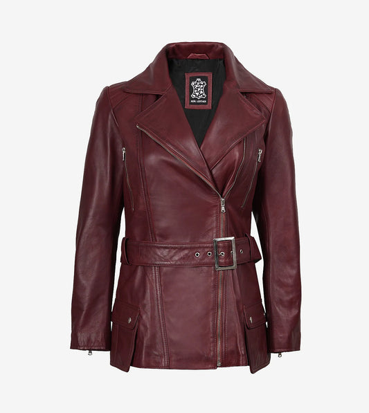 Women'S Asymmetrical Maroon Belted Biker Style Leather Jacket