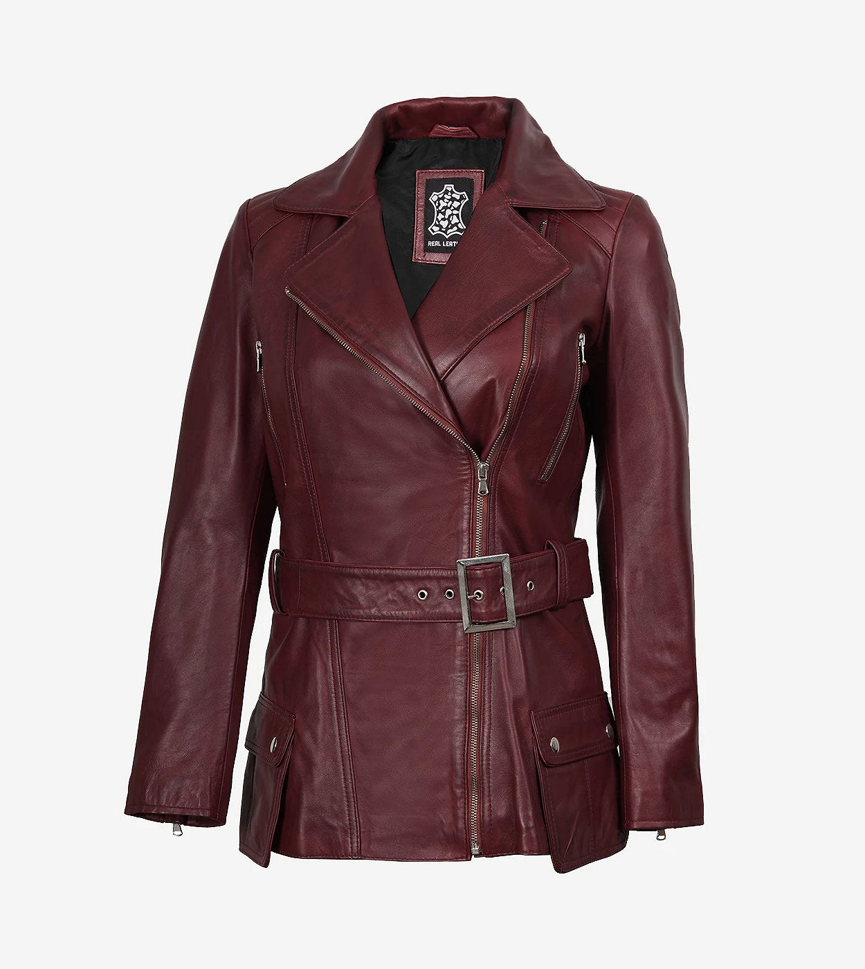 Women'S Asymmetrical Maroon Belted Biker Style Leather Jacket