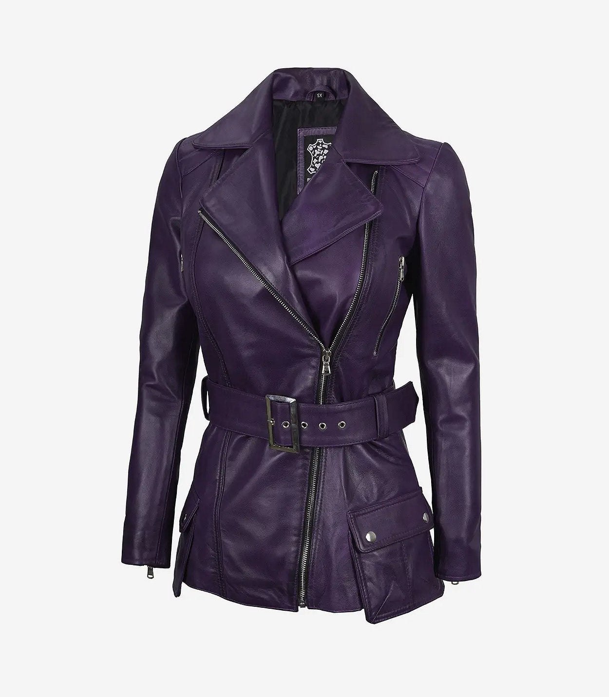 Women'S Asymmetrical Purple Belted Moto Leather Jacket