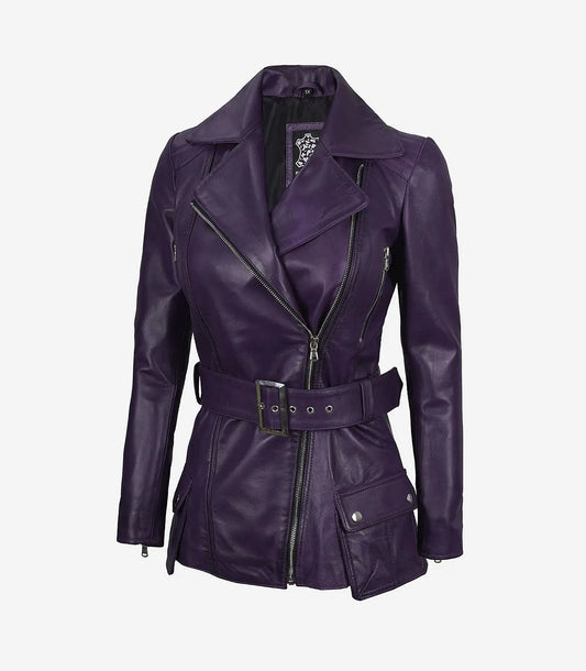 Women'S Asymmetrical Purple Belted Moto Leather Jacket
