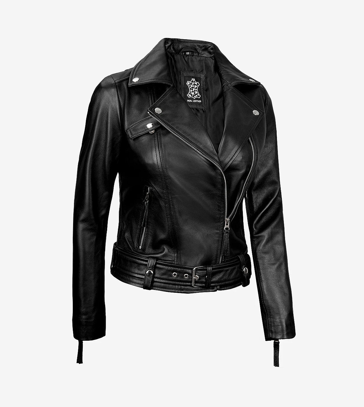 Women'S Black Asymmetrical Leather Biker Style Jacket