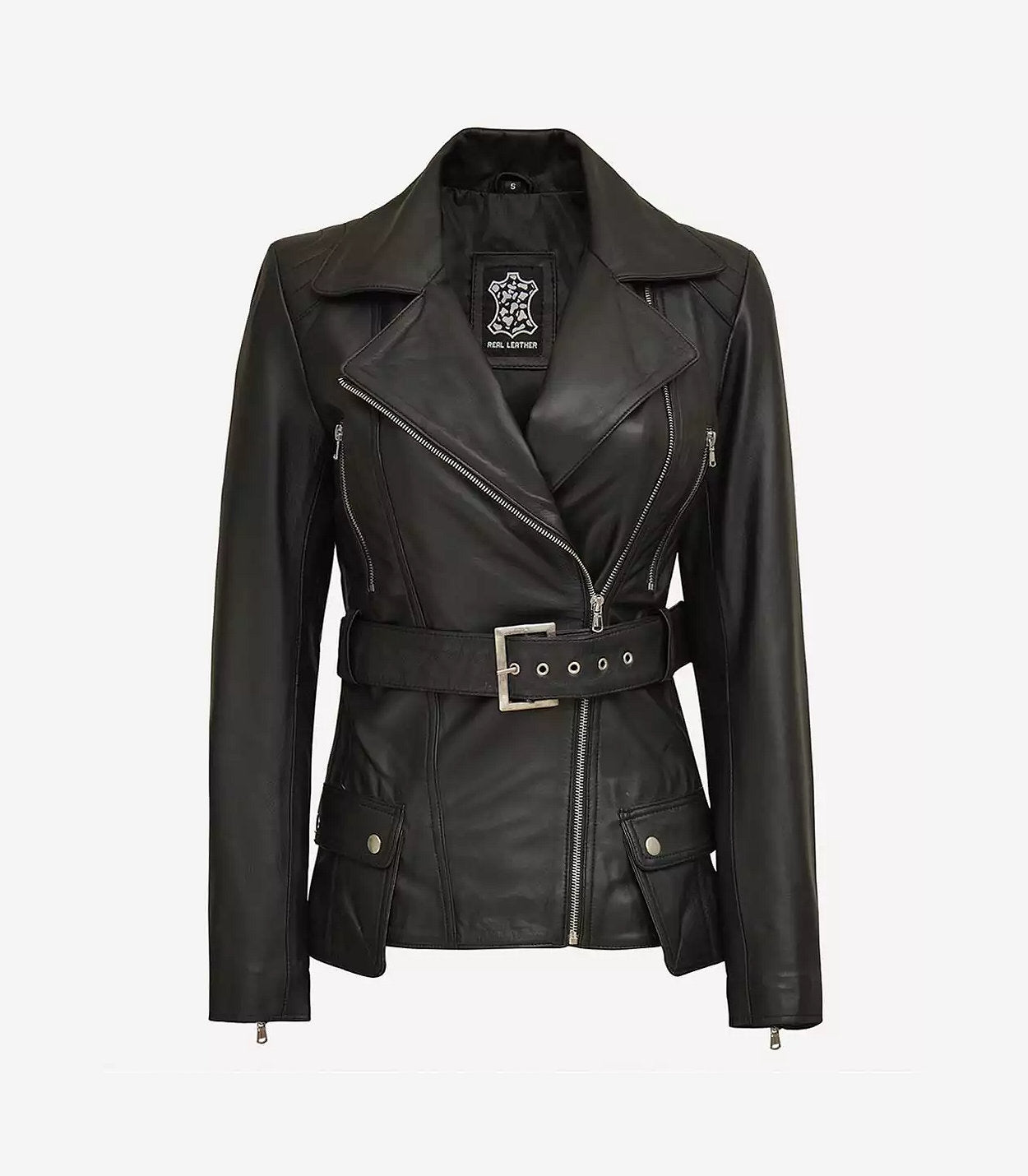 Women'S Black Belted Long Biker-Style Leather Jacket