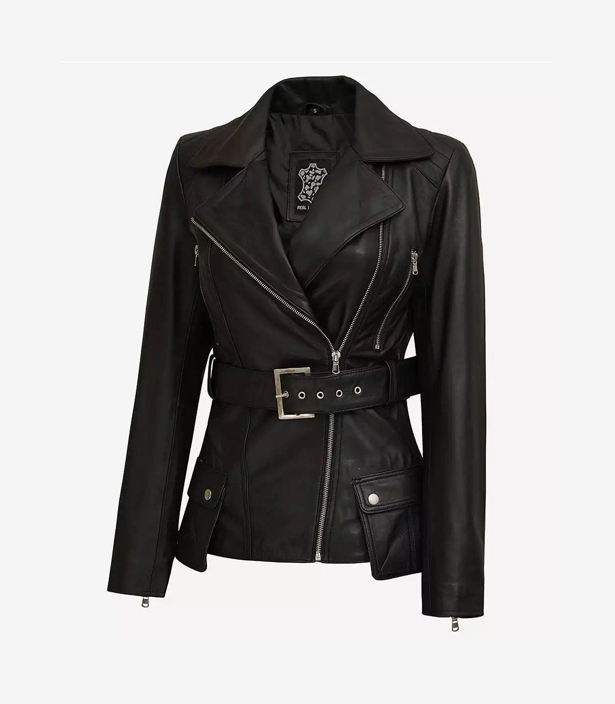 Women'S Black Belted Long Biker-Style Leather Jacket