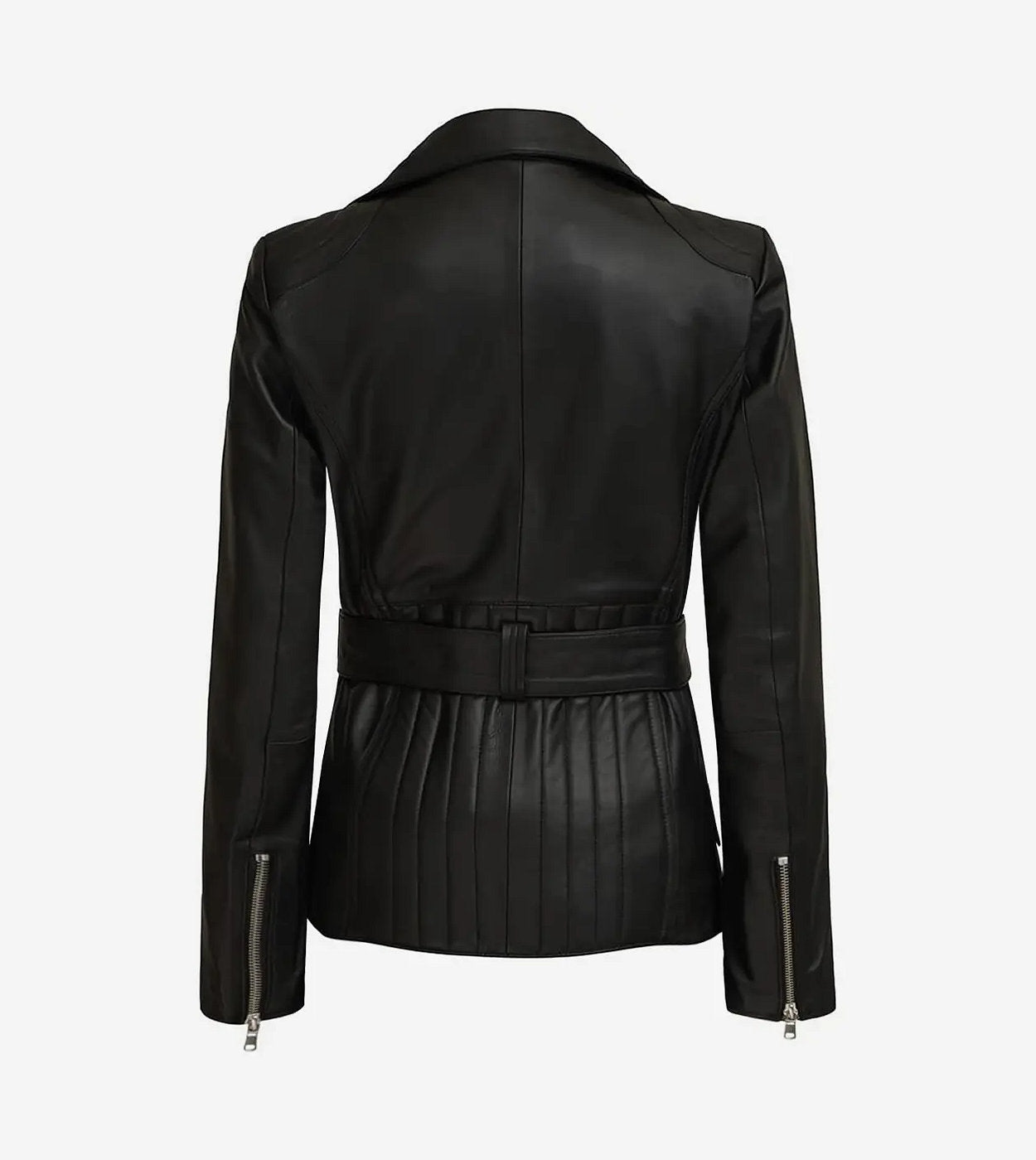 Women'S Black Belted Long Biker-Style Leather Jacket
