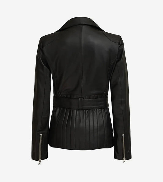 Women'S Black Belted Long Biker-Style Leather Jacket