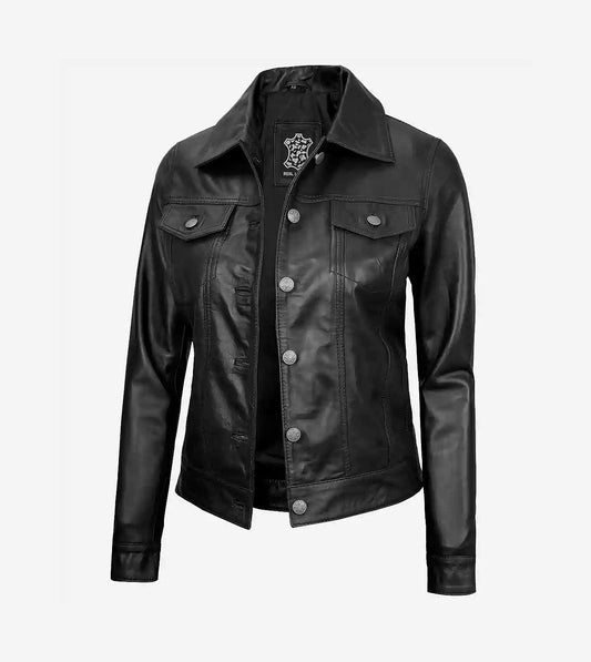 Women'S Black Lambskin Leather Four-Pocket Trucker Jacket