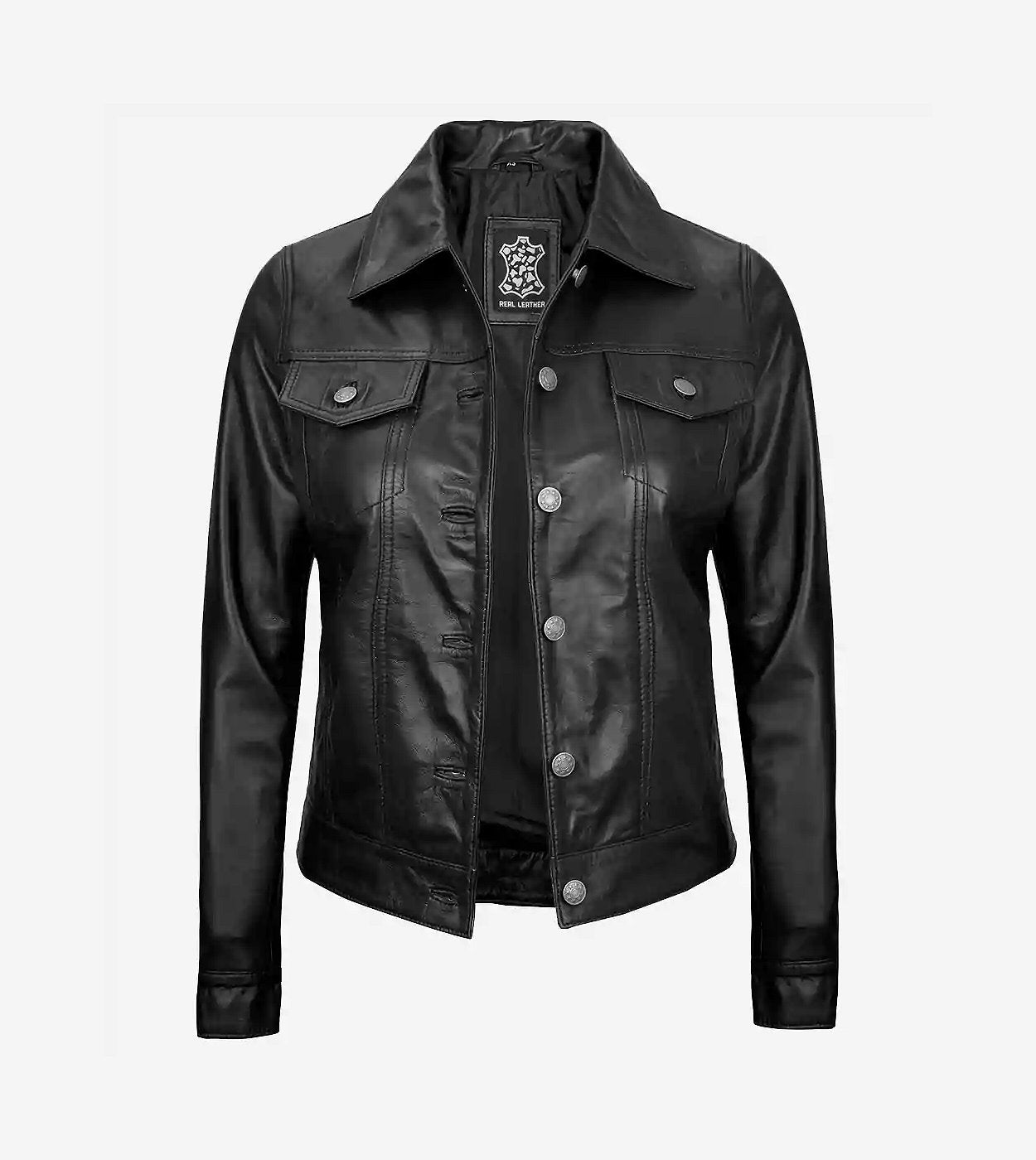 Women'S Black Lambskin Leather Four-Pocket Trucker Jacket