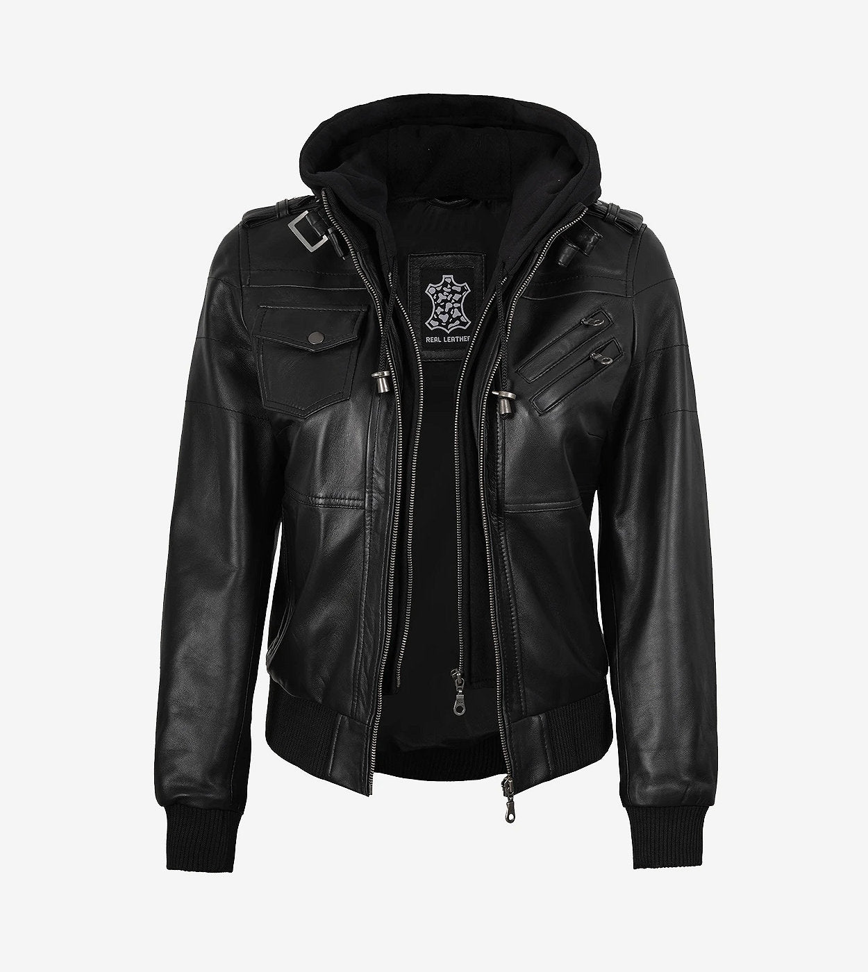 Women'S Black Leather Bomber Jacket With Removable Hood