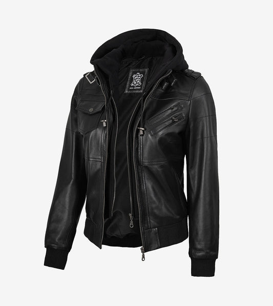 Women'S Black Leather Bomber Jacket With Removable Hood
