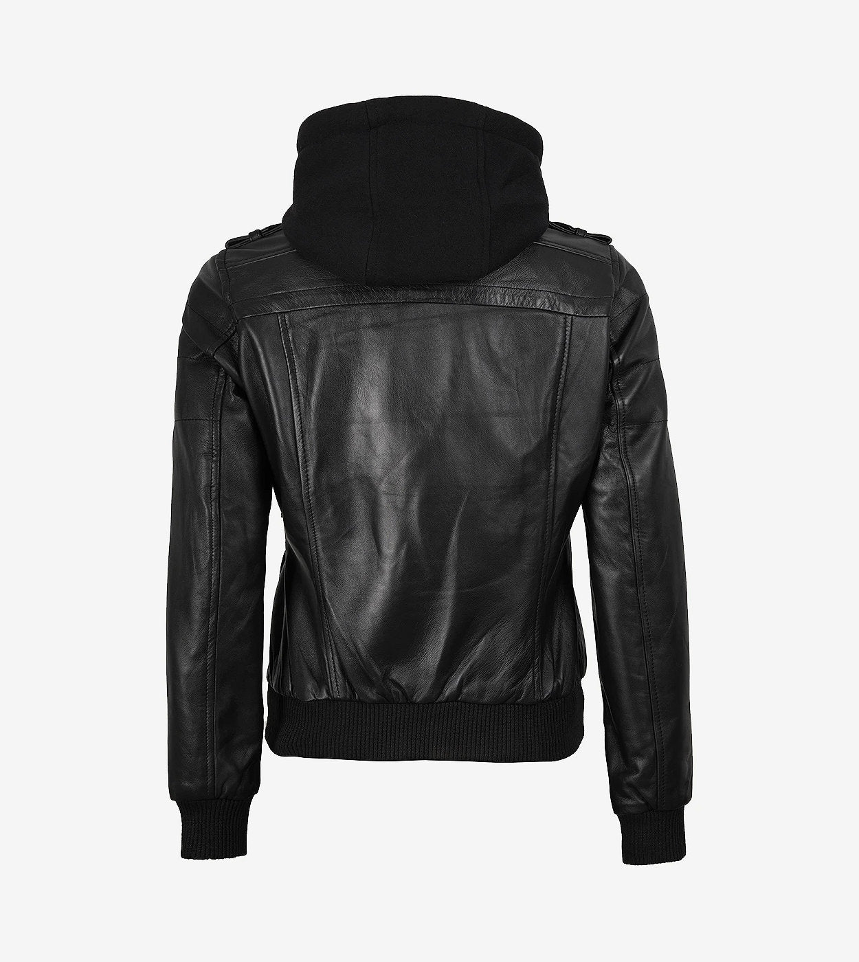 Women'S Black Leather Bomber Jacket With Removable Hood
