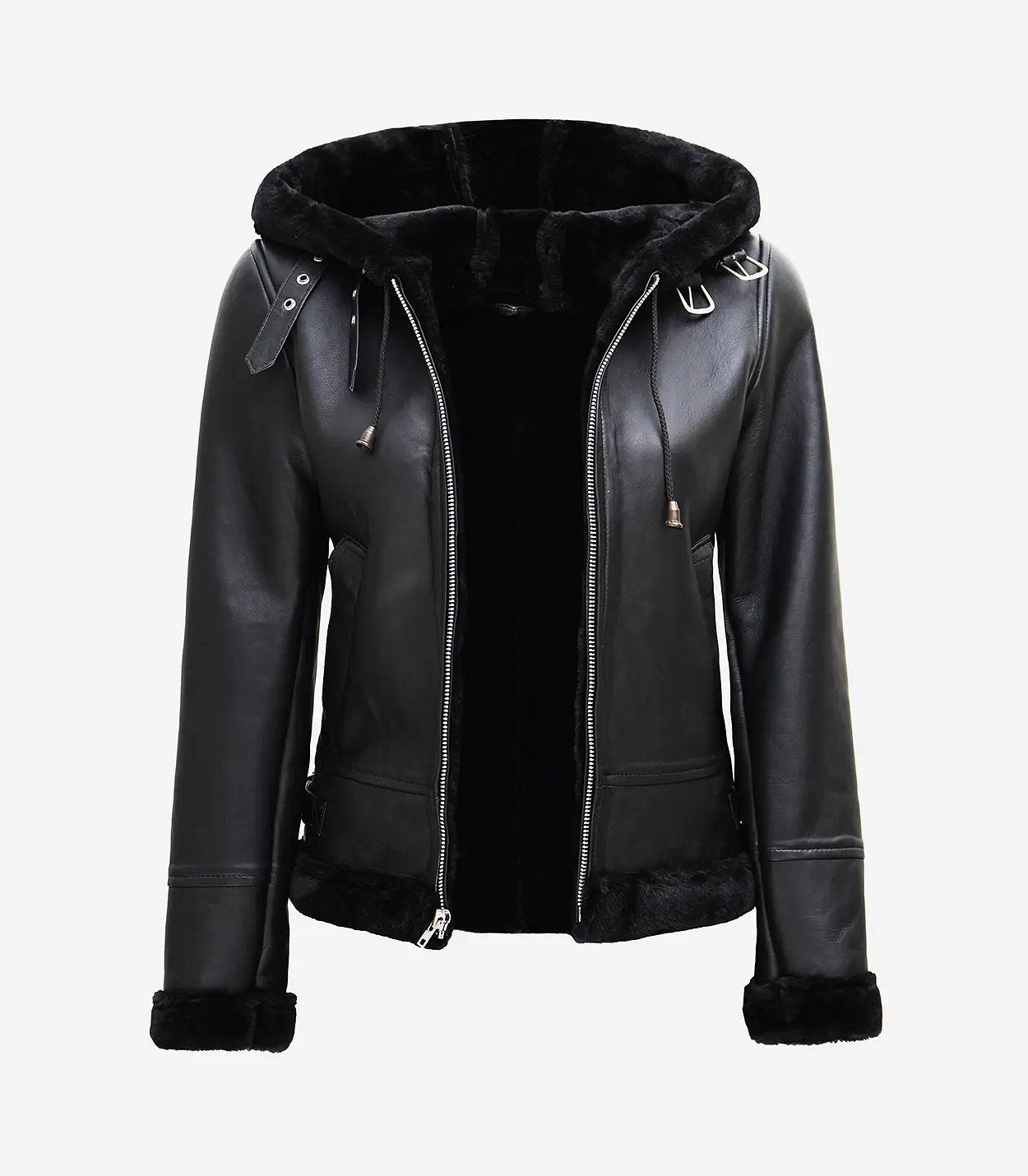 Women'S Black Leather Hooded Shearling Jacket