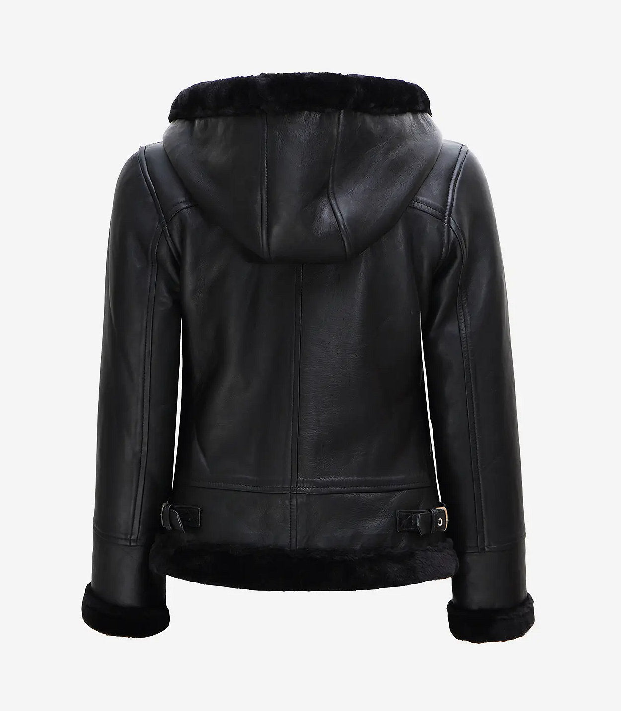 Women'S Black Leather Hooded Shearling Jacket