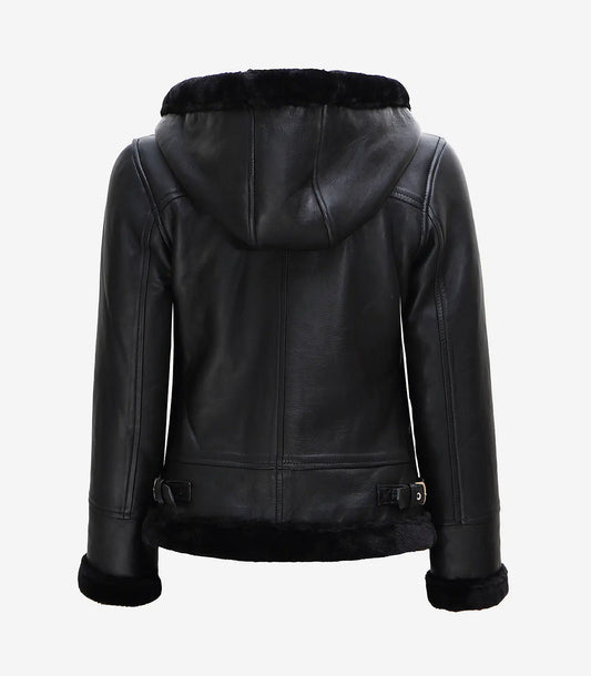 Women'S Black Leather Hooded Shearling Jacket