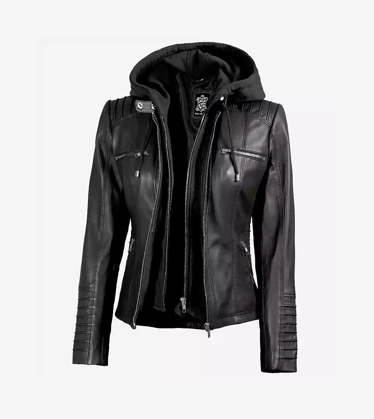 Women'S Black Leather Jacket With Removable Hood