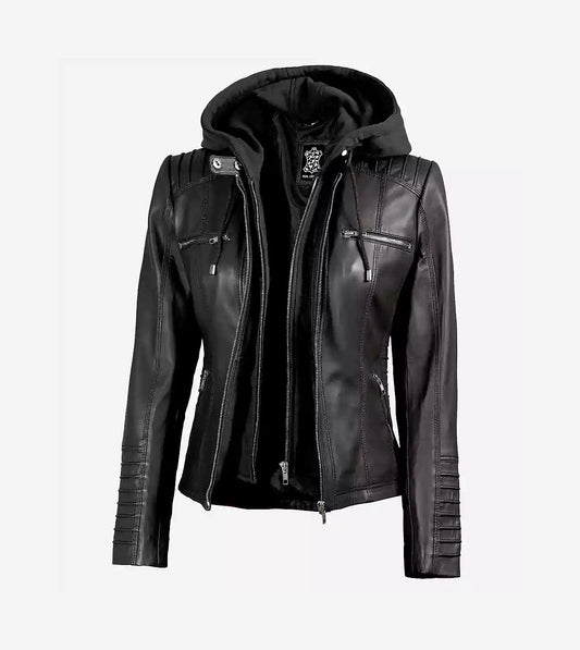 Women'S Black Leather Jacket With Removable Hood