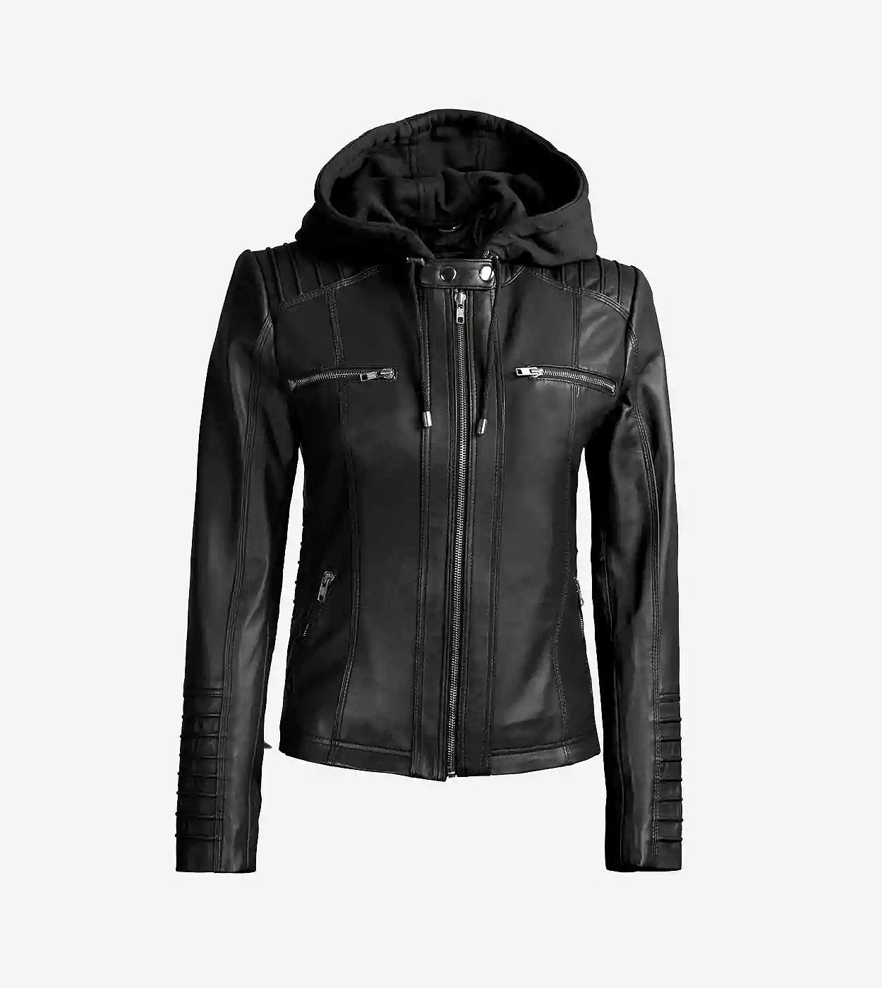 Women'S Black Leather Jacket With Removable Hood